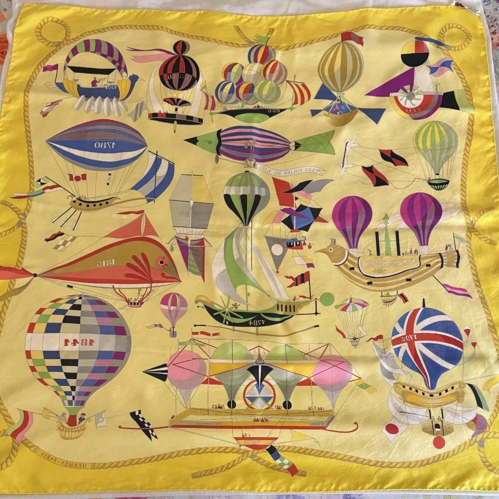 HERMES Vintage Les Folies du Ciel Yellow 90 cm Silk Square Scarf Box Good RARE - Picture 3 of 16